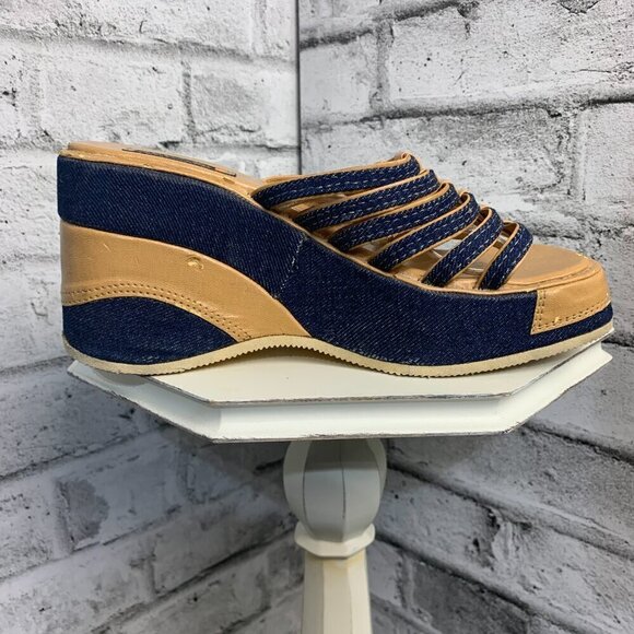 Vintage Y2K Denim Faux Leather Square Open Toe Platform Wedge Sandal - Picture 3 of 10